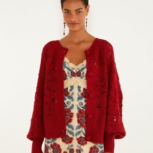 Red Crochet Flower Knit Cardigan